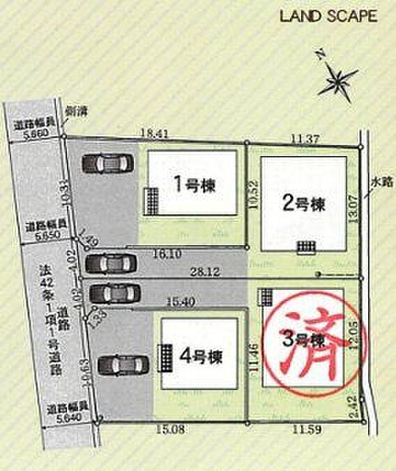 【全体区画図】北西側幅員約5.6mの道路に面しています。LDKが道路に面していない配置のため、外からの視線を気にせず、落ち着いて過ごせる住空間が確保されています。