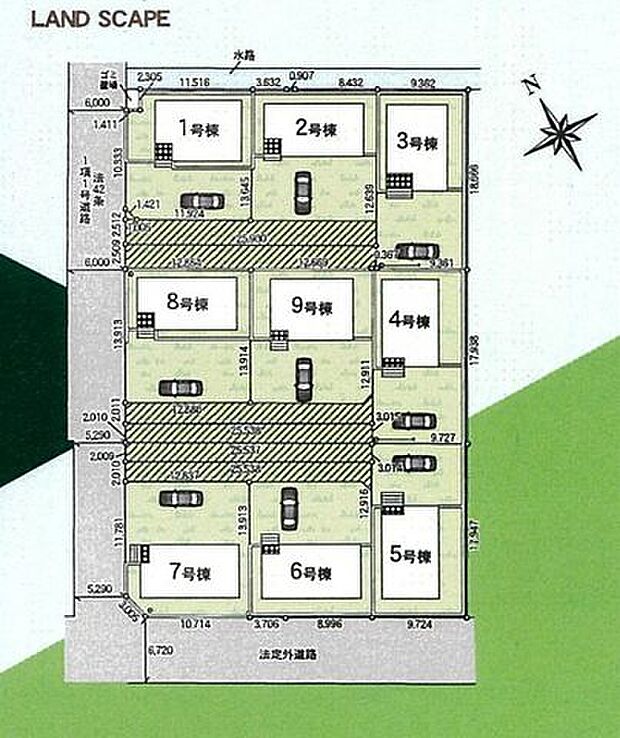【全体区画図】全9棟の新築戸建。交流しやすい小規模コミュニティで、新生活を楽しく始められそうです。多彩な間取り設計から、ご家族の暮らしにフィットする一邸をお選びいただけます。