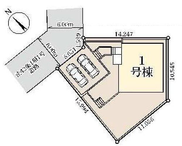【全体区画図】2台分の駐車スペースが確保されています(車種による)。前面道路の幅員は約6.0mとゆとりがあり、車の出し入れもしやすいです。