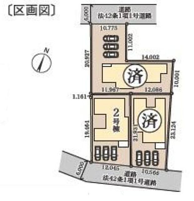 【全体区画図】「大和田寮前」停まで徒歩7分、JR内房線「君津」駅までバス乗車7分。全3区画の最終1棟です。2号棟は南側幅員約6mの公道に面し、車の出し入れもスムーズです。