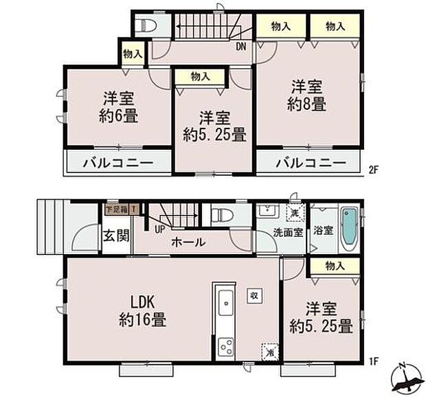 【間取り図/A号棟】LDKはご家族のお顔が見える対面式キッチン仕様。水廻りがキッチン横に集約され、家事動線良好です。洋室が4室あり、生活や家族構成に合わせてフレキシブルに活用できます。