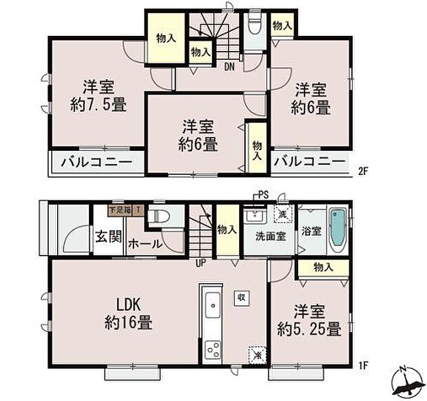 【間取り図/B号棟】リビング階段が採用されたLDK。ご家族の会話が自然と生まれる設計です。水廻り設備がキッチン横に集約され、家事動線がスムーズ。全居室に収納が備わった、整理整頓しやすい間取りです◎