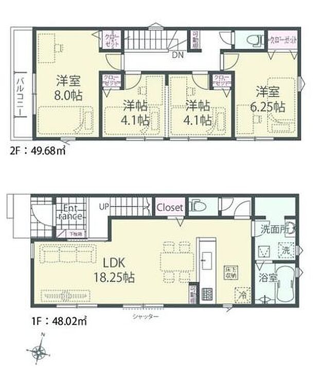 【間取図/2号棟】全居室南向きに配された3LDKの明るい住まい。1階LDKは約18.25帖と広々空間。水回り設備が集約された、家事効率の良い間取りです。全居室収納付き。