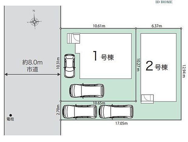 【区画図】前面道路は西側約8.0m。2号棟は前面道路から奥まった敷地のため、プライバシーを確保しやすく、落ち着いた住環境が期待できます。2台分のカースペースが備わっています(車種による)。