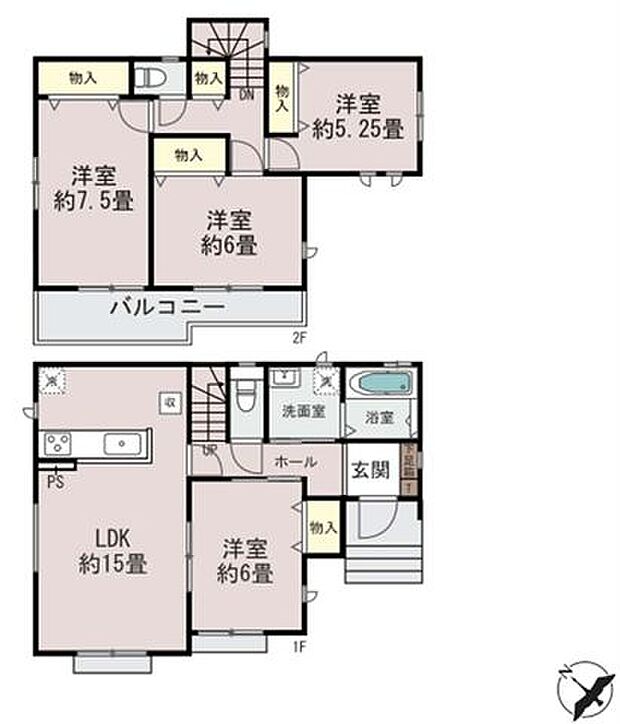 【間取図/B号棟】全居室2面採光が確保された4LDK。LDKと隣接した洋室との扉を開け放てば、約21帖の空間として一体利用が可能です。