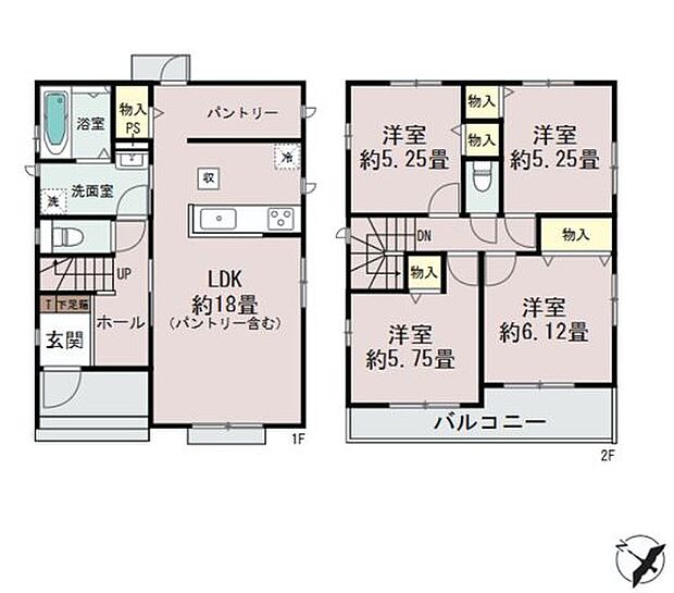 【間取図/A号棟】全居室収納に加え、大型パントリーや床下収納も設けられ、整った住空間が叶う住まい。洗面室は廊下とキッチン横から出入り可能な2WAY動線。水廻り設備が集約され、家事動線良好です◎