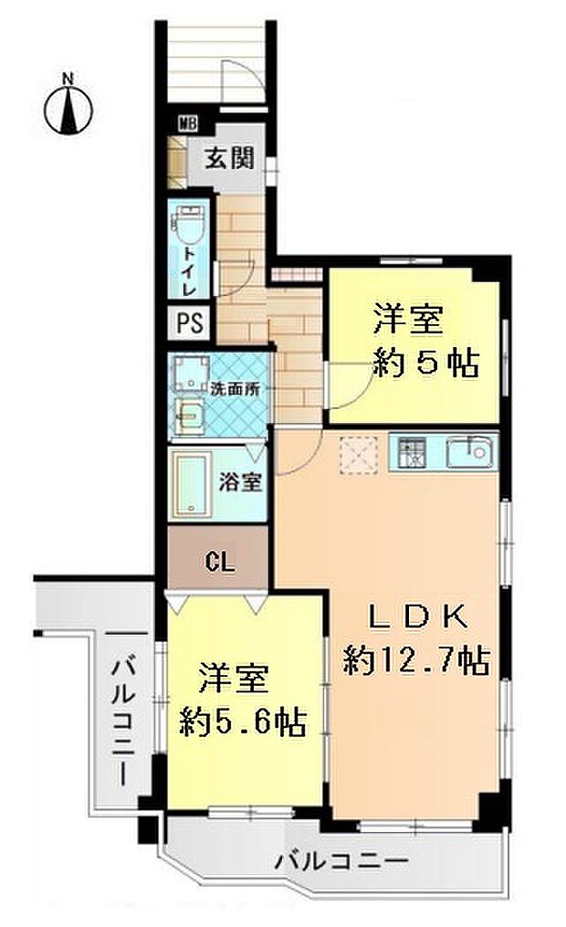 ■4階建て2階部分の南向き3方角住戸  ■専有面積：56．36平米の2ＬＤＫ