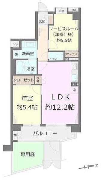 ■専有面積：55．73平米の2ＬＤＫタイプ＋6．00平米の専用庭付き