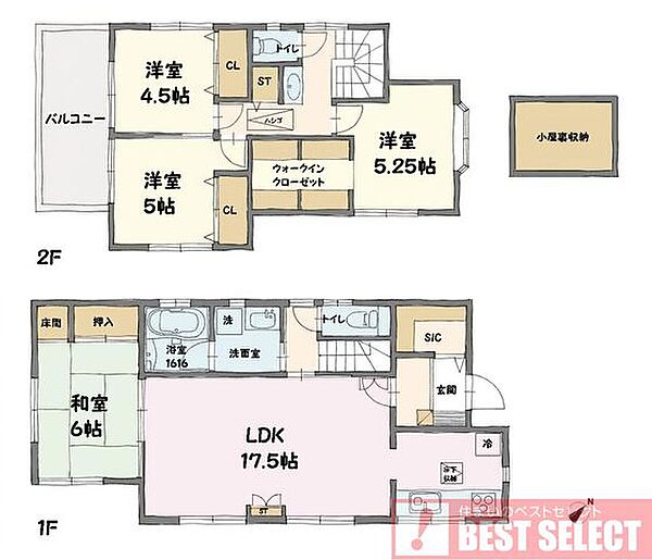 ■建物面積：101．43m2の2階建て4ＬＤＫ＋小屋裏収納付き