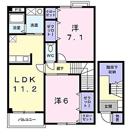 プラシードカーサ 2階2LDKの間取り