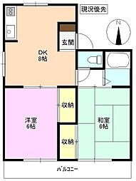 ヴィラ若宮　Ｂ棟 2階2DKの間取り