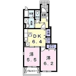 ベルソーレA棟 2DKの間取図画像