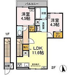 セレスティア小金井中町 2階2LDKの間取り