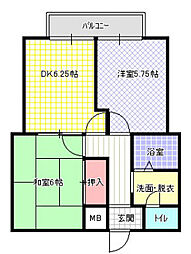 シャンテ渡辺 2DKの間取図画像
