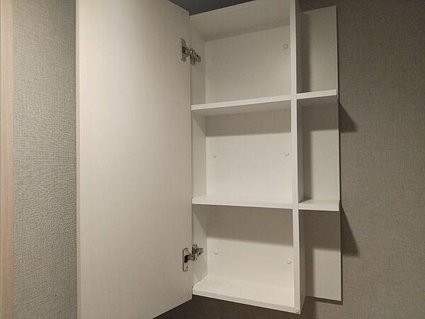 トイレの上には吊り棚を設置。日用品を収納できます。