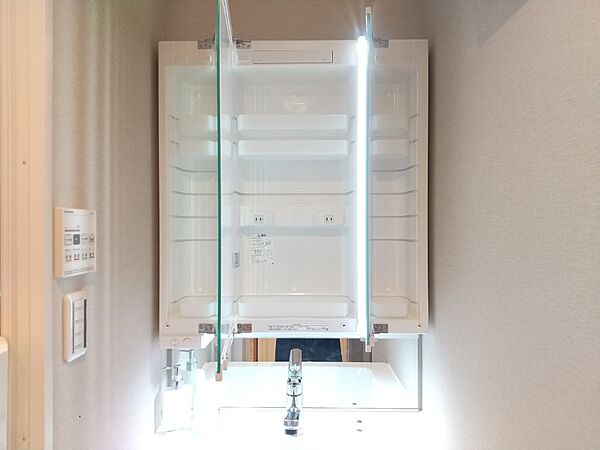 鏡裏には歯ブラシや化粧品も収納できます。