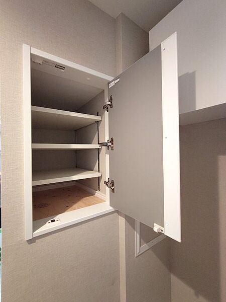 ちょっとした収納もあり、パウダールームをすっきりお使いいただけます。