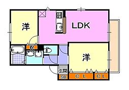 神鉄有馬線 鵯越駅 徒歩2分の賃貸アパート 1階2LDKの間取り