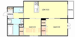阪急神戸本線 西宮北口駅 徒歩15分の賃貸マンション 2階2LDKの間取り