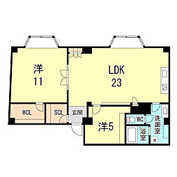 JR東海道・山陽本線 三ノ宮駅 徒歩16分の賃貸マンション 5階2LDKの間取り