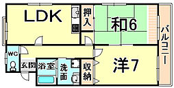 阪急神戸本線 園田駅 徒歩15分の賃貸マンション 3階2LDKの間取り