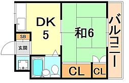 神戸市西神・山手線 大倉山駅 徒歩13分の賃貸マンション 2階1DKの間取り