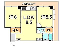 神戸市西神・山手線 新神戸駅 徒歩10分の賃貸マンション 2階2LDKの間取り