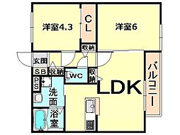 グランコート塚口 2階2LDKの間取り