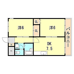 ハイライフ雲雀ヶ丘 3階2DKの間取り