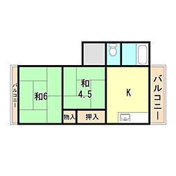 コーポヤマモト 2階2DKの間取り