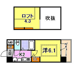 エステムコート三宮駅前ラ・ドゥー 3階1Kの間取り
