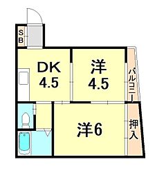 平野マンション 2階2Kの間取り