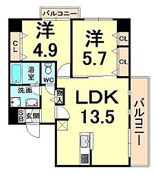 CRYSTA荒牧 2LDKの間取図画像