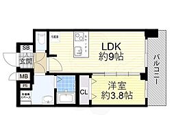 プレサンス天王寺ヴィヴァン 9階1LDKの間取り