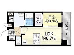 プレサンス天王寺ヴィヴァン 8階1LDKの間取り