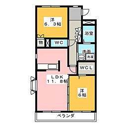 グランドヒルズ神の倉II 2階2LDKの間取り