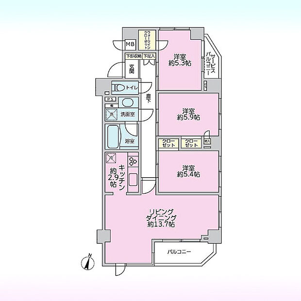 プレミアム大宮(3LDK) 4階の間取り