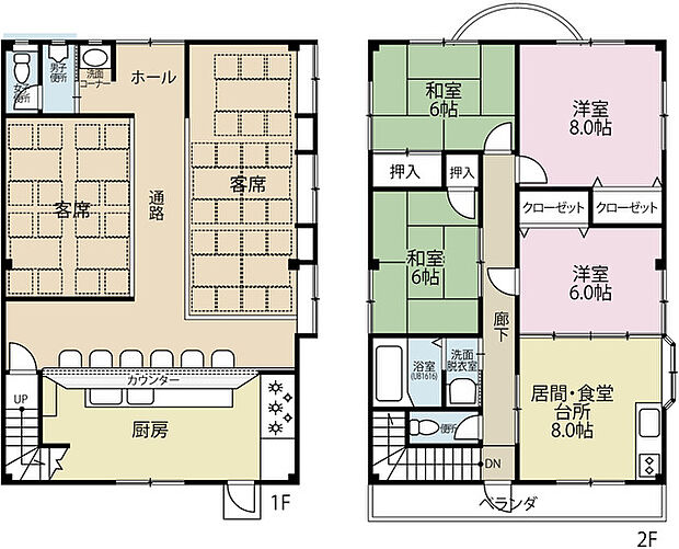 1階部分は和の趣ひろがる店舗部分。2階は4ＤＫの居宅です。リフォームして2世帯お住宅にも変更できます。