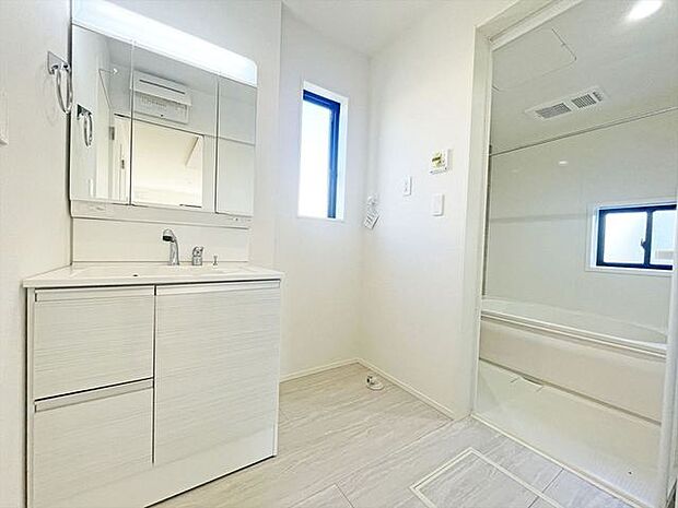 三面鏡にハンドシャワー付き、 使いやすい洗面台。