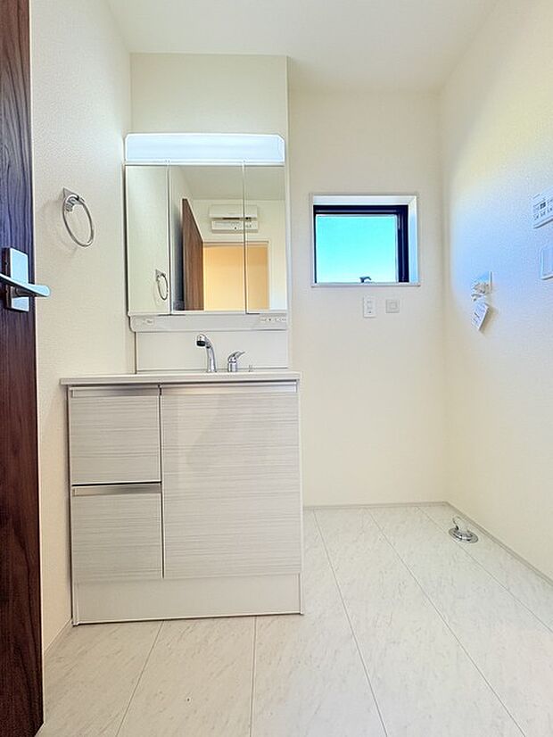 三面鏡にハンドシャワー付き、 使いやすい洗面台。