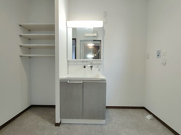 三面鏡にハンドシャワー付き、 使いやすい洗面台。