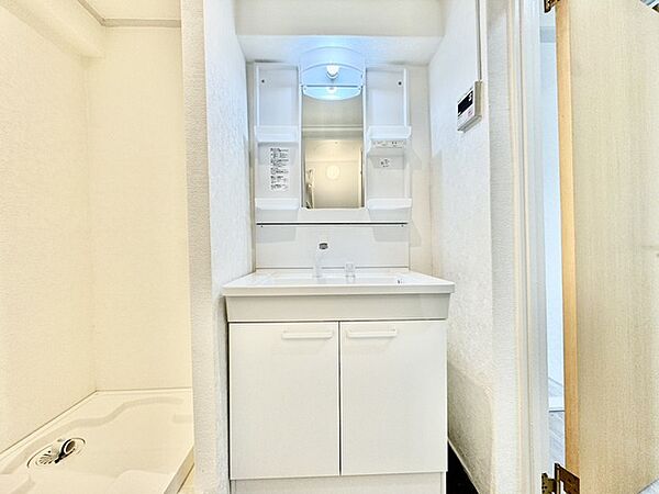 ワイドなボウルにハンドシャワー水栓が付いた洗面化粧台。