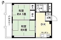 湯河原サニーハイツ 2DKの間取図画像