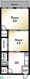 フラワーハイツ 2階2DKの間取り