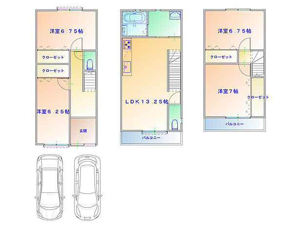 【建物プラン図】全居室6帖以上の広さを確保した、3階建「4LDK」のプラン。駐車スペースも確保していただけます(車種によります)。/建物面積100m2、建物価格1650万円