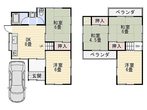 【間取り図】1階約6帖の洋室と和室は、DKと一体利用しリビングとしても活用可能。2階和室2部屋も約10.5帖の空間として、広々お使いいただけます。全居室2面採光！日当たり・通風も良好な住まいです。