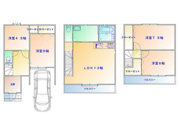 【プラン図】2階にリビングを配置した4LDKです。水回りが集約し、家事動線に考慮しています。部屋数が多く、ご家族それぞれがプライベート空間を持つことが可能。(建物価格1650万円、建物面積100m2)