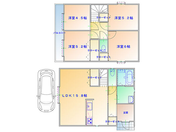 【プラン図】1階にリビングを配置した4LDKです。部屋数が多く、ご家族それぞれがプライベート空間を持つことが可能。(建物価格1770万円、建物面積100m2)