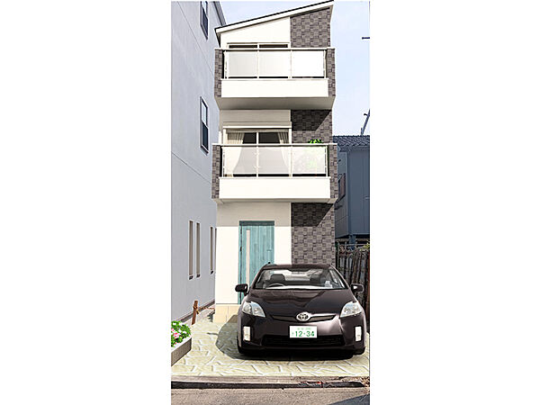 【OrientCity 御崎】木造3階建ての建物プラン例です。2階、3階にバルコニーを設けた「3LDK」の間取りです。掲載の外壁材プランは一例です。（建物価格1730万円、建物面積96m2）現地と合成