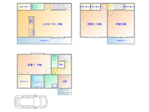 【プラン図】全居室7.5帖以上のゆとりある「3LDK」。パントリー付きの2階LDKや、WICをはじめとした豊富な収納など、暮らしやすさにこだわったプラン。（建物価格1770万円、建物面積100m2）